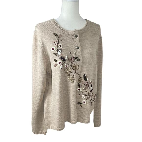 Coldwater Creek Embroidered Button Front Cardigan Sweater Beige Sz Large Holiday - Picture 5 of 14